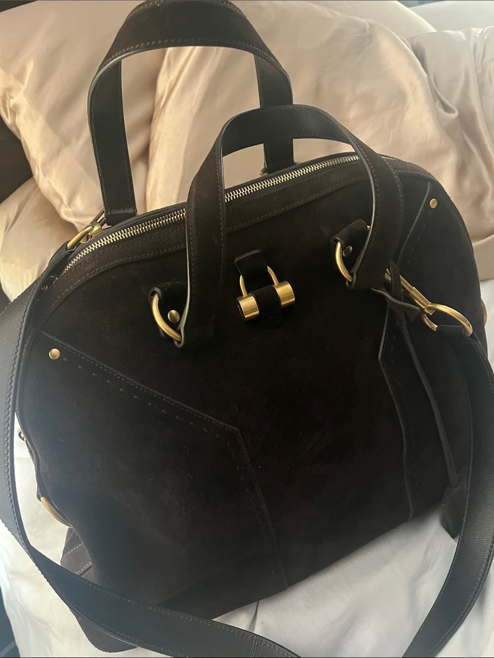 Yves Saint Laurent Black Suede & Leather Shoulder Bag with Gold Hardware - Picture 2 of 4